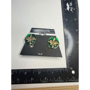 Afterthoughts Green Enamel Gold Tone Bow Hexagon Clip On Earrings Vintage Korea